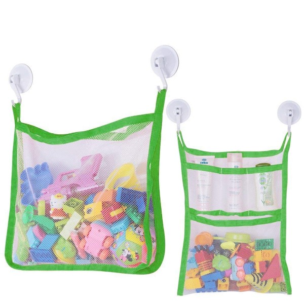 SUNDOKI Bath Toy Organizer, Toy Holder Storage Bags with 4 Suction Cup Hooks and 2 Bath Toy Nets for Kids, Toddlers and Adults (Green)