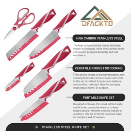 DFACKTO 6-Piece Kitchen Knife Set with Scissors without Block – Stainless Steel Knives for Kitchen, Dishwasher Safe Cooking Knife Set with Covers, Sharp Cutting Knives for Cooking – Magenta