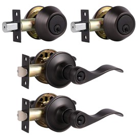 Probrico Exterior Door Lock Set Bronze Front Door Handle Lock Exterior, Entry Door Handle Double Cylinder Deadbolt Handle Set, 2 Pack