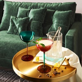 Vintage Art Deco Artisanal Colored Coupe Glasses, For Martini, Champagne & Cocktails, Two-Toned Glassware | Set of 2 | Crystal Plum Purple & Teal Amethyst Glass, Vibrant Ombre Color Goblet (7.4 OZ)