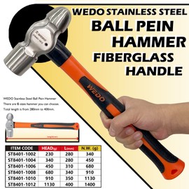 WEDO Ball Pein Hammer,32oz Stainless Steel Ball Peen Hammer With Fiberglass Handle,Length 350mm,Die-forged Hammer Head 910g,Shock-resistant,Corrosion Resistant Drilling Hammer