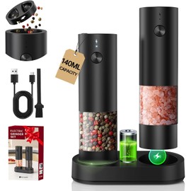 CIRCLE JOY Electric Salt and Pepper Grinder Set with Charging Base, Rechargeable Automatic Pepper Mill, Adjustable Coarseness, LED Light, 140ml Large Capacity