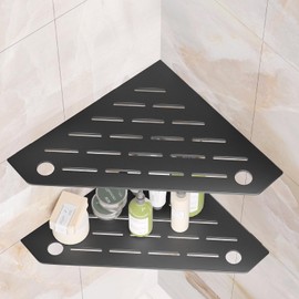 mivndeeopu 10" Corner Shower Shelves with Razor Holder, Rustproof Stainless Steel Shower Corner Shelf, Grout in Bathroom Shower Shelf Corner for 90°Tile Wall 2-Pcs(Black)
