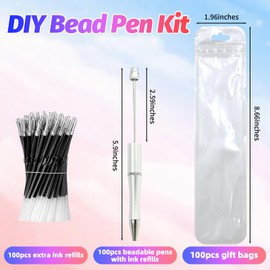 DASTTUIS 300 Pieces DIY Beadable Pens Kit - 100 plastic Beadable Pens Bulk, Refills & pen bags Included - Beaded Pens Black Ink Ballpoint Cute Pens（Silver）