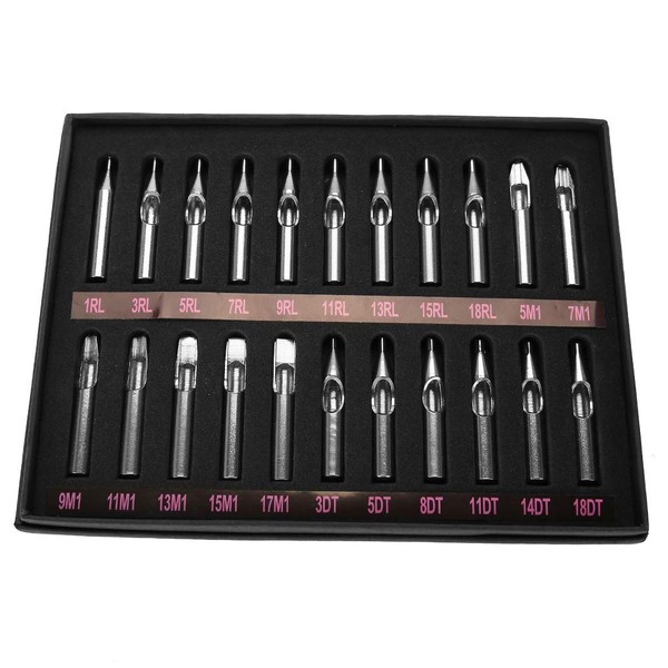 Tattoo Nozzle Tips, 22 Pieces/Set Stainless Steel Needles Machine Gun Tube Handle Box Sterilized Assorted 1 3 5 7 9 11 13 RL M1 DT