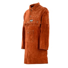 QeeLink Leather Welding Work Apron with Sleeve - Heavy Duty Leather Flame Resistant Welding Jacket | Blacksmith Apron (Large, Brown 40-Inch)