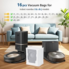 16 Pack Vacuum Bags for irobot Roomba i7, i7+, i8, i8+, i3, i3+, i4, i4+, i5, i5+ i6, i6+, j5, j5+, j6, j6+, j7, j7+, j8, j8+, j9, j9+, s9, s9+, Replacement for i & s & j Series Dirt Disposal