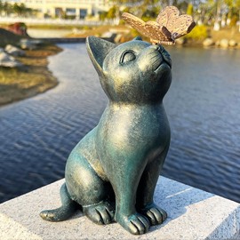 Arecyuer Cat Statue Garden Outdoor Decor, Cat with Butterfly Garden Statues, Outsides Decorations Gift for Cat Lovers Gardeners, Ornament Gift for Patio, Yard, Lawn, Porch & Home (Green)