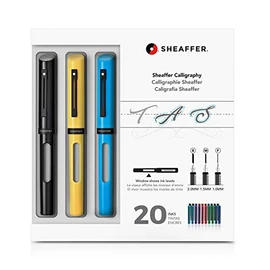 Sheaffer Calligraphy Maxi Kit (includes 3 x Click-Off Cap Resin Fountain Pens, 3 x Fine/Medium/Broad Nib Sizes, Tracing Pad and 20 x Assorted Inks), 27 Piece Set, Black/Blue/Yellow