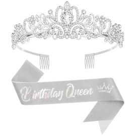 Queenship Birthday Tiara Crown with Sash for Women, Birthday Sash for Adult Women Birthday Queen Party Silver