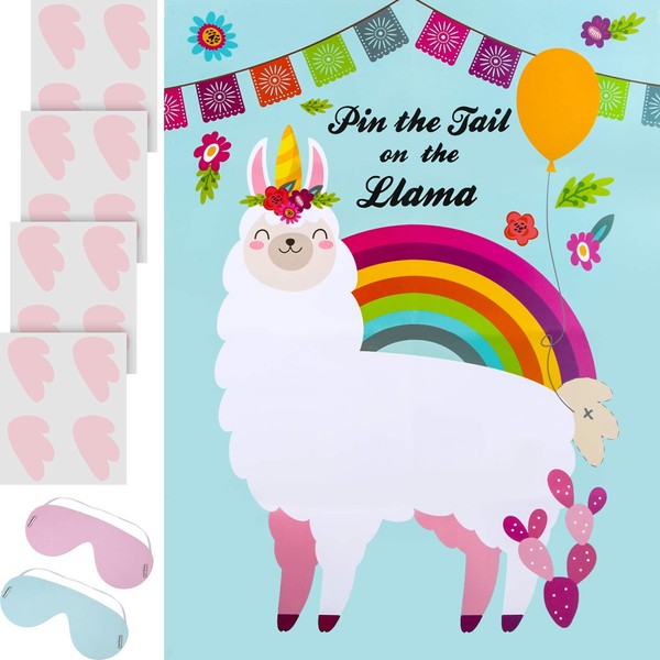 Outus Pin The Tail on The Llama Game Llama Theme Mexican Llama Fiesta Party Supplies Baby Shower or Birthday Party Favors, Large Llama Poster 24 x 16 Inch, 2 Eye Mask, 20 Tails and 12 Glue Point