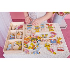 Bino Ankleidepuzzle Bärenfamilie, Spielzeug für Kinder ab 3 Jahre, Kinderspielzeug (Holzspielzeug mit 72 Teilen, kreaitves Bären-Anziehspiel, in hochwertiger Holzbox geliefert), Mehrfarbig