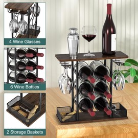 VyGrow Countertop Wine Rack, 3 Tier Wood & Metal Small Wine Rack Up to Hold 6 Bottles and 4 Glasses, Wine Bottle Holder for Home Bar Tabletop Kitchen Cabinet, 6.29" D x 16.14" W x 15.82" H
