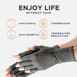 MAXCOPPER Anti-Slip Half-Finger Compression Arthritis Gloves 100% Copper-Infused, Antimicrobial, Eliminates Odors (Grey - Medium)