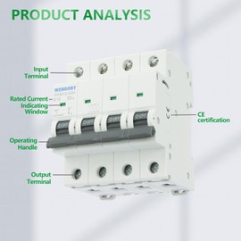 Wengart Three Phase Miniature Circuit Breaker WGM12-63H, AC230V/400V 16A 4P, 10kA, B-Char, High Short Circuit Resistance, Fire Resistant Materials to Protect Electrical Home Systems