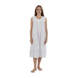 LA CERA Women's 100% Cotton Woven Crochet Sleeveless Gown, 1250G, White, XL