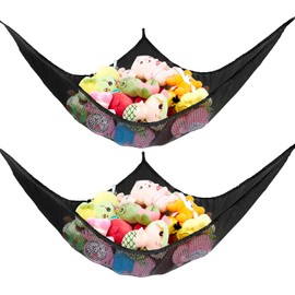 KOHUIJOO Stuffed Animal Net or Hammock, Stuffed Animal Net, Jumbo Toy Net Hammock for Stuffed Animals Wall Sling Corner Extra Large Kids Children Mesh Toy Net Organizer (Black 2 Pack, 83 Inch)