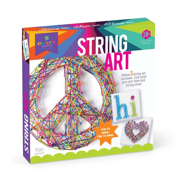 Craft-tastic – String Art – Craft Kit Makes 3 Large Canvases – Peace Sign Edition, Model Number: CTE40