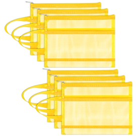 Fassave 6 Pack Mesh Zipper Pouch Bags, Double Layer Nylon Pouch with Handle for Office Travel Organization (Yellow, A5)