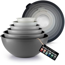 Zulay Kitchen 12 Piece Plastic Mixing Bowls with Lids Set - Colorful Mixing Bowl Set for Kitchen - Nesting Bowls with Lids Set - Microwave and Freezer Safe (Gray Ombre)