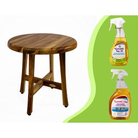 EcoDecors Shoji 18in Teak Wood Round Shower Seat or Side Table - with Lovable Teak Oil Conditioner and Teak and Bamboo Furniture Cleaner Spray Bottle