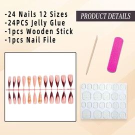 Jremg Red French Tip Press on Nails Long Stiletto Fake Nails with 3D Gold Bowknot Design Glue on Nails Glossy Nude Acrylic Nails Artificial Nails Reusable Full Cover Stick on Nails for Women 24Pcs