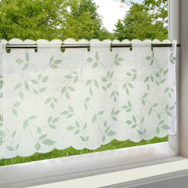 Delindo Lifestyle Net Curtain Leaves for the Kitchen, Green White Bistro Curtain for the Kitchen Window, Modern and Transparent Curtain for Spring and Summer, 45 x 85 cm