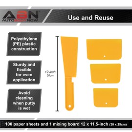 ABN Body Shop Mix Boards Kit - Plastic Scraper and 100pc Body Filler Mixing Board for Filling Scratches