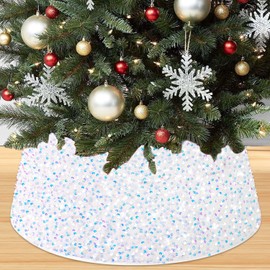 PATYDEST White Christmas Tree Collar Round Sequin Tree Skirt Silver Christmas Tree Stand Cover Velvet Tree Collar Ring Artificial Xmas Tree Skirt Box Collar for Palm Tree for Winter Holiday Decoration