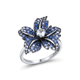 Santuzza 925 Sterling Silver Lily Ring Blue Spinel Nano Cubic Zirconia Gemstone Flower Statement Ring for Women (7)