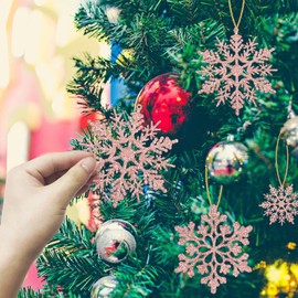 Christmas Tree Decoration Snowflake Ornaments - 36pcs Rose Gold Glitter Hanging Christmas Snowflake Ornaments for Winter Wonderland Holiday New Year Christmas Tree