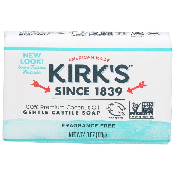Kirk's Natural Original Coco Castile Soap Fragrance Free, 4 Ounce (Packaging may Vary)