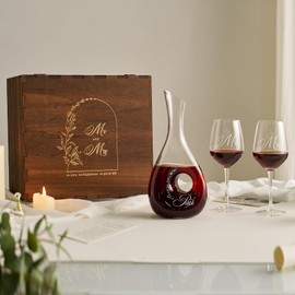 AW BRIDAL Mr and Mrs Gifts Wedding Gifts Romantic Anniversary Engagement Gifts for Couple Bridal Shower Gifts - Wine Decanter with Mr Mrs Wine Glasses, Engraved Wooden Keepsake Box