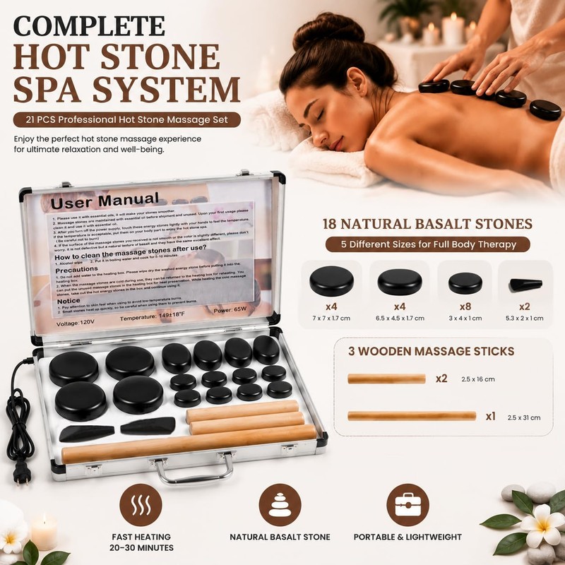 Freudeere 21Pieces Hot Stones Massage Set,Hot Stones Massage Warmer Kit
