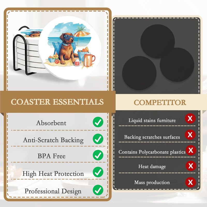 Drink Coasters with Holder,6 Pcs Dog Beach Absorbent Ceramic Drink