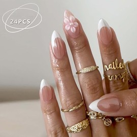 ONPRESS 24 uñas postizas acrílicas con diseño floral, color almendra, punta francesa, color blanco, cobertura total, reutilizables, brillantes, para m