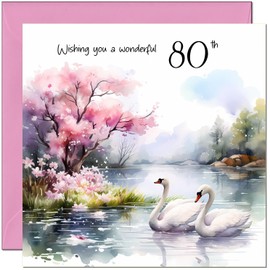 Female Special 80th Birthday Card for Women Female Ladies Elegant Watercolour Swans Birthday Card for 80 Year old ladies Eighty Eightieth