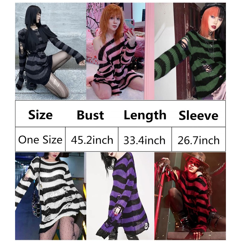 URAWESO Red and Black Goth Distressed Stripe Knit Sweater Dress