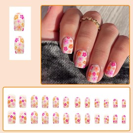 BMKKOT Flowers Press on Nails Short Square Fake Nails Spring Summer Colorful Floret Design Short Fake Nails Coffin Shaped White Glue on Nails Floral Acrylic Nails for Women Girls DIY Manicure 24Pcs