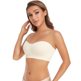 Lusait Strapless Bra for Women Non-Slip Silicone Padded Bandeau Bra Wireless Tube Top Bra Beige+Beige 2Pack S