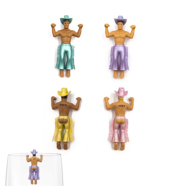NPW Drinking Buddies Disco Cowboys Drink Markers, Wine Glass Charms, Bachelorette Party, Girls' Nights, Cowboy Theme & More, Novelty Gifts, 4 Count, Plastic, No Gemstone