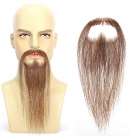 Sheafter Long Fake Beard Human Hair Fake Goatee 100% Full Hand-Tied Realistic Fake Facial Hair Lace Fake Mustache Costume Beard (Brown)