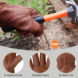 OLSON DEEPAK 3pairs Brown Large Cowhide Leather Work Gloves for Men & Women,Thornproof Construction Leather Garden Working Gloves,Outdoor Workshop,Yard,Warehouse