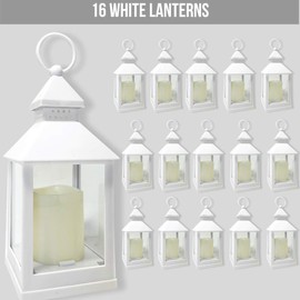 BANBERRY DESIGNS Decorative Lanterns Set - Set of 16-5 Hour Timer – 9 3/8" H White LED Lanterns with Flameless Pillar Candles Included - Indoor/Outdoor Lantern Set- Hanging or Sitting Decoration…