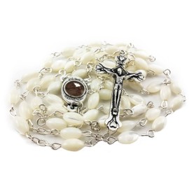 Nazareth Store Mother of Pearl Beads Rosary Natural Shell Beaded Necklace Holy Soil Medal & Cross Crucifix Bethlehem Handcrafted Chaplet