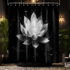 LanZanthic Lotus Shower Curtains for Bathroom Black and White Floral Spa Zen Wet Room Shower Curtain, Washable, Waterproof, Cloth Fabric, 180 x 180 cm