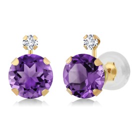 Gem Stone King 1.57 Ct Round Purple Amethyst White Diamond 14K Yellow Gold Earrings