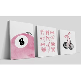 LiTiu Canvas Prints Framed Wall Art, Coquette Preppy Room Decor Aesthetic Set of 3, Pink Lucky 8 Ball Bows Disco Ball Cherry Preppy Coquette Wall Decor for Girls Bedroom Dorm 11x14 in