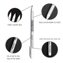 Premium XSG Fine Point White Gel Pen set,Pack of 6, Pens For Artists With 0.8mm Nibs,White Rollerball Pens for Black Paper,Sketching,Drawing, adult coloring books,Illustration&Taking Notes