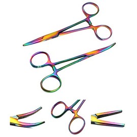 Set of 2 Pcs Premium Autoclaveable Crile Hemostat Forceps Clamps 5.5" Straight & Curved Rainbow Titanium Color